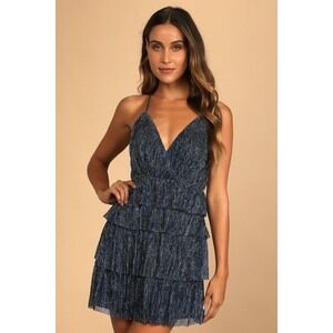 Lulus Glowing Gorgeous Blue Multi Metallic Tiered Mini Dress - Size M